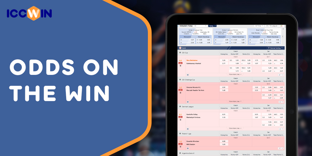 Table with all volleyball betting odds on ICCWIN